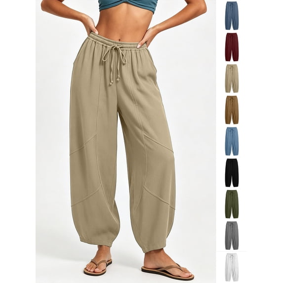Xaqiouau Womens Washed Faux Linen Harem Capri Pants Adjustable Drawstring High Waist Geometric Patch Stitching Side Pocket Bohemian Resort Summer Daily Casual Bottoms Khaki L