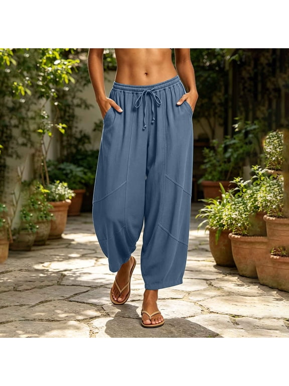 Womens Washed Faux Linen Harem Capri Pants Adjustable Drawstring High Waist Geometric Patch Stitching Side Pocket Bohemian Resort Summer Daily Casual Bottoms Blue XXL