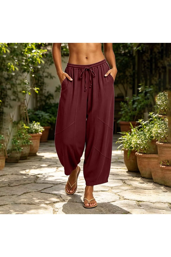 Womens Washed Faux Linen Harem Capri Pants Adjustable Drawstring High Waist Geometric Patch Stitching Side Pocket Bohemian Resort Summer Daily Casual Bottoms Wine S