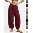 thumbnail image 1 of Xaqiouau Womens Washed Faux Linen Harem Capri Pants Adjustable Drawstring High Waist Geometric Patch Stitching Side Pocket Bohemian Resort Summer Daily Casual Bottoms Wine XXXL, 1 of 8