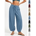 thumbnail image 1 of Xaqiouau Womens Washed Faux Linen Harem Capri Pants Adjustable Drawstring High Waist Geometric Patch Stitching Side Pocket Bohemian Resort Summer Daily Casual Bottoms Blue M, 1 of 8