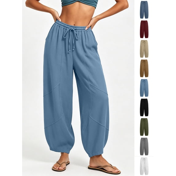 Xaqiouau Womens Washed Faux Linen Harem Capri Pants Adjustable Drawstring High Waist Geometric Patch Stitching Side Pocket Bohemian Resort Summer Daily Casual Bottoms Blue M