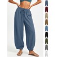 thumbnail image 1 of Xaqiouau Womens Washed Faux Linen Harem Capri Pants Adjustable Drawstring High Waist Geometric Patch Stitching Side Pocket Bohemian Resort Summer Daily Casual Bottoms Blue S, 1 of 9