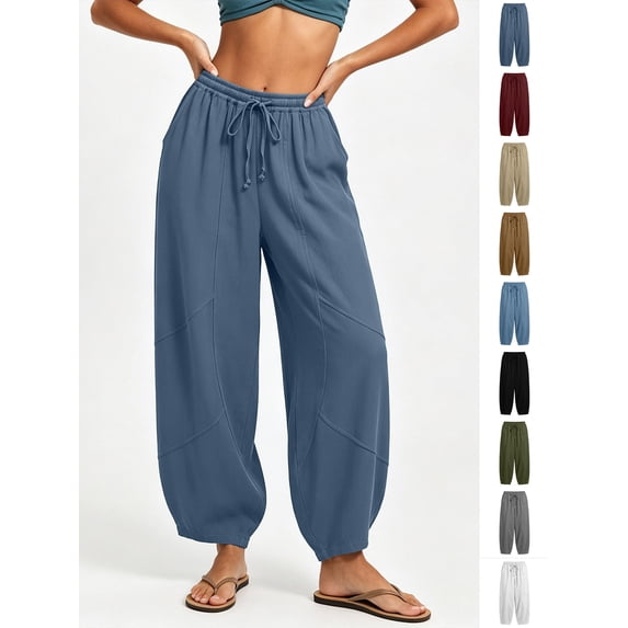 Xaqiouau Womens Washed Faux Linen Harem Capri Pants Adjustable Drawstring High Waist Geometric Patch Stitching Side Pocket Bohemian Resort Summer Daily Casual Bottoms Blue S