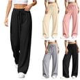thumbnail image 1 of Xaqiouau Womens Wide Leg Lounge Pants High Waisted Drawstring Ribbed Knit Pajama Pants Casual Loose Palazzo Trousers for Travel Vacation Daily Wear, 1 of 6