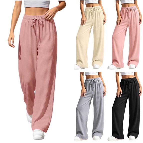 Xaqiouau Womens Wide Leg Lounge Pants High Waisted Drawstring Ribbed Knit Pajama Pants Casual Loose Palazzo Trousers for Travel Vacation Daily Wear