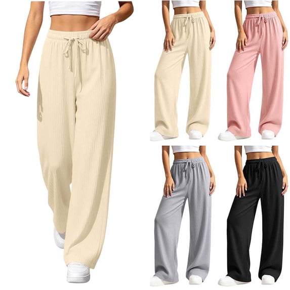 Xaqiouau Womens Wide Leg Lounge Pants High Waisted Drawstring Ribbed Knit Pajama Pants Casual Loose Palazzo Trousers for Travel Vacation Daily Wear