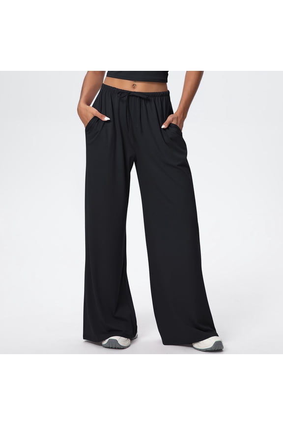 Womens Wide Leg Pants Drawstring Waist Loose Cut Casual Comfy Pants With Pockets Flowy Trousers For Everyday Wear Slouchy Stretch Soft Fabric Yoga Workout Pants