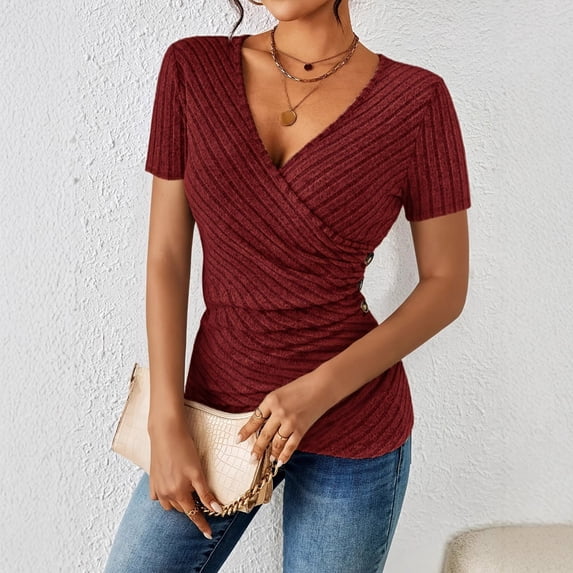 Xaqiouau Womens Wrap V Neck Short Sleeve Top Ribbed Knit Side Button Form Fitted Casual Blouse For Daily Work Wear