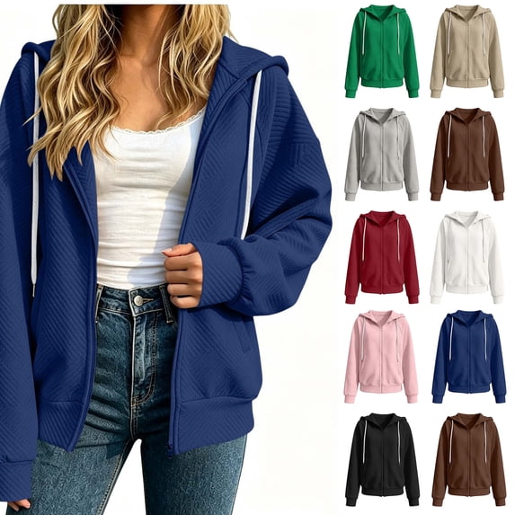 Xaqiouau Womens Zip Up Hooded Jacket Solid Color Jacquard Textured Relaxed Fit Full Zip Long Sleeve Side Pockets Casual Winter Outerwear Tops Blue L