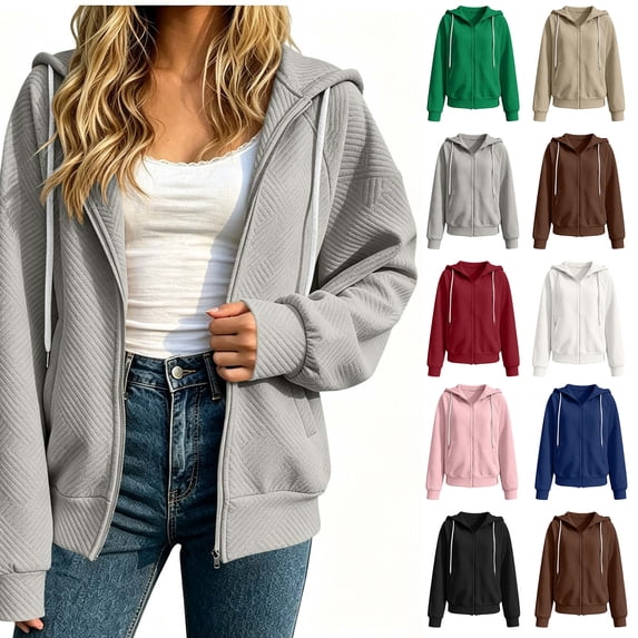 Xaqiouau Womens Zip Up Hooded Jacket Solid Color Jacquard Textured Relaxed Fit Full Zip Long Sleeve Side Pockets Casual Winter Outerwear Tops Gray XL
