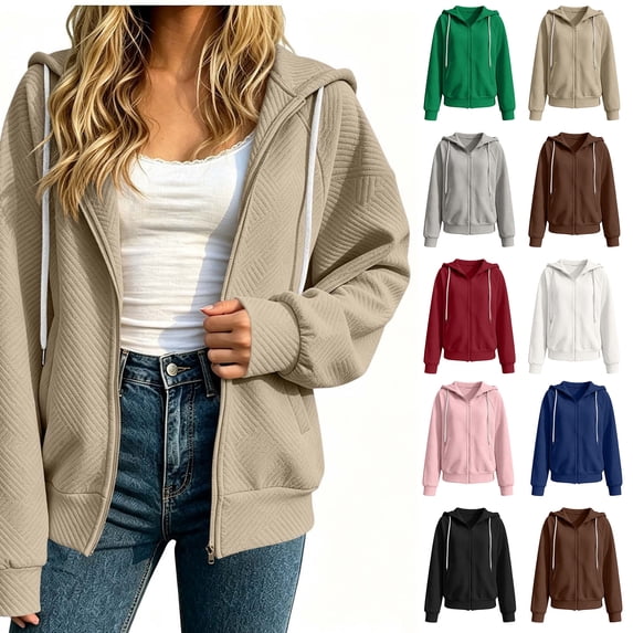 Xaqiouau Womens Zip Up Hooded Jacket Solid Color Jacquard Textured Relaxed Fit Full Zip Long Sleeve Side Pockets Casual Winter Outerwear Tops Khaki S