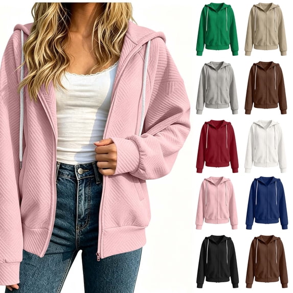 Xaqiouau Womens Zip Up Hooded Jacket Solid Color Jacquard Textured Relaxed Fit Full Zip Long Sleeve Side Pockets Casual Winter Outerwear Tops Pink M