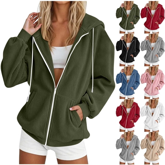 Xaqiouau Womens Zip Up Hooded Sweatshirt Long Sleeve Casual Loose Fit Corduroy Hoodie Jacket with Pockets Casual Fashion Jackets