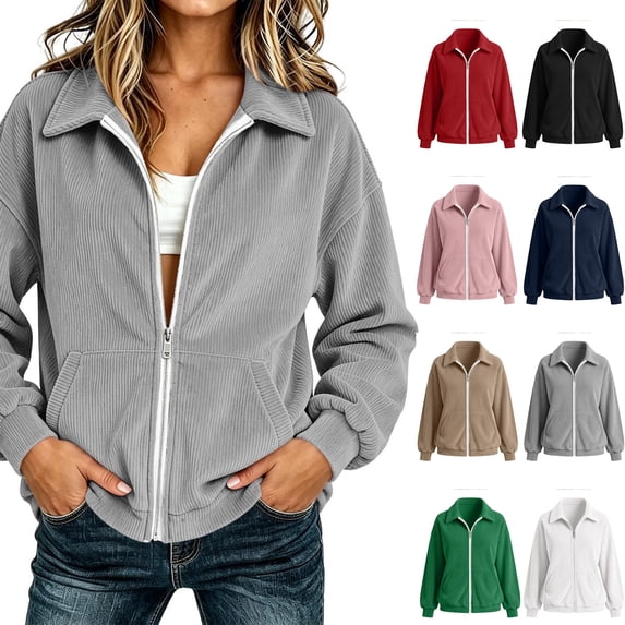 Xaqiouau Womens Zip Up Jacket Solid Color Corduroy Turndown Collar Relaxed Fit Full Zip Long Sleeve Outerwear With Side Pockets Gray M