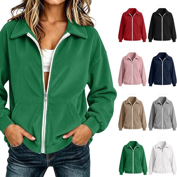Xaqiouau Womens Zip Up Jacket Solid Color Corduroy Turndown Collar Relaxed Fit Full Zip Long Sleeve Outerwear With Side Pockets Green XXL