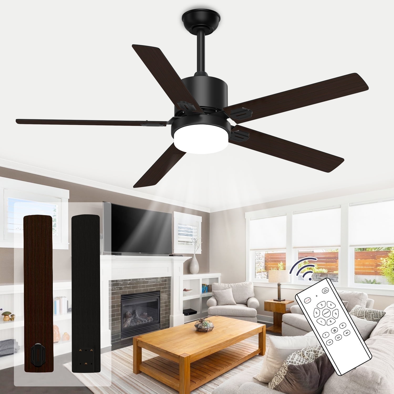 Xaujix Ceiling Fans with Lights and Remote Control, 60" Indoor Outdoor Ceiling Fan 6-Speed Silent Reversible Motor for Patio Farmhouse Bedroom Living Room, Walnut&Black