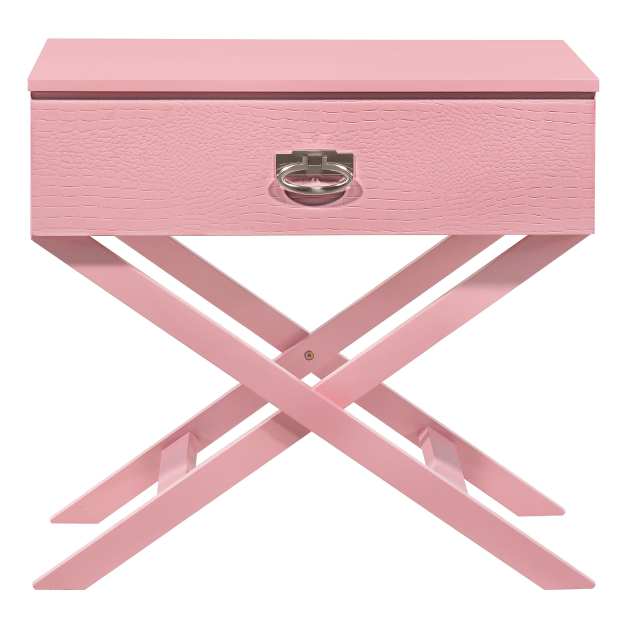 Xavier Pink Croc Textured 1-Drawer Nightstand with X Frame