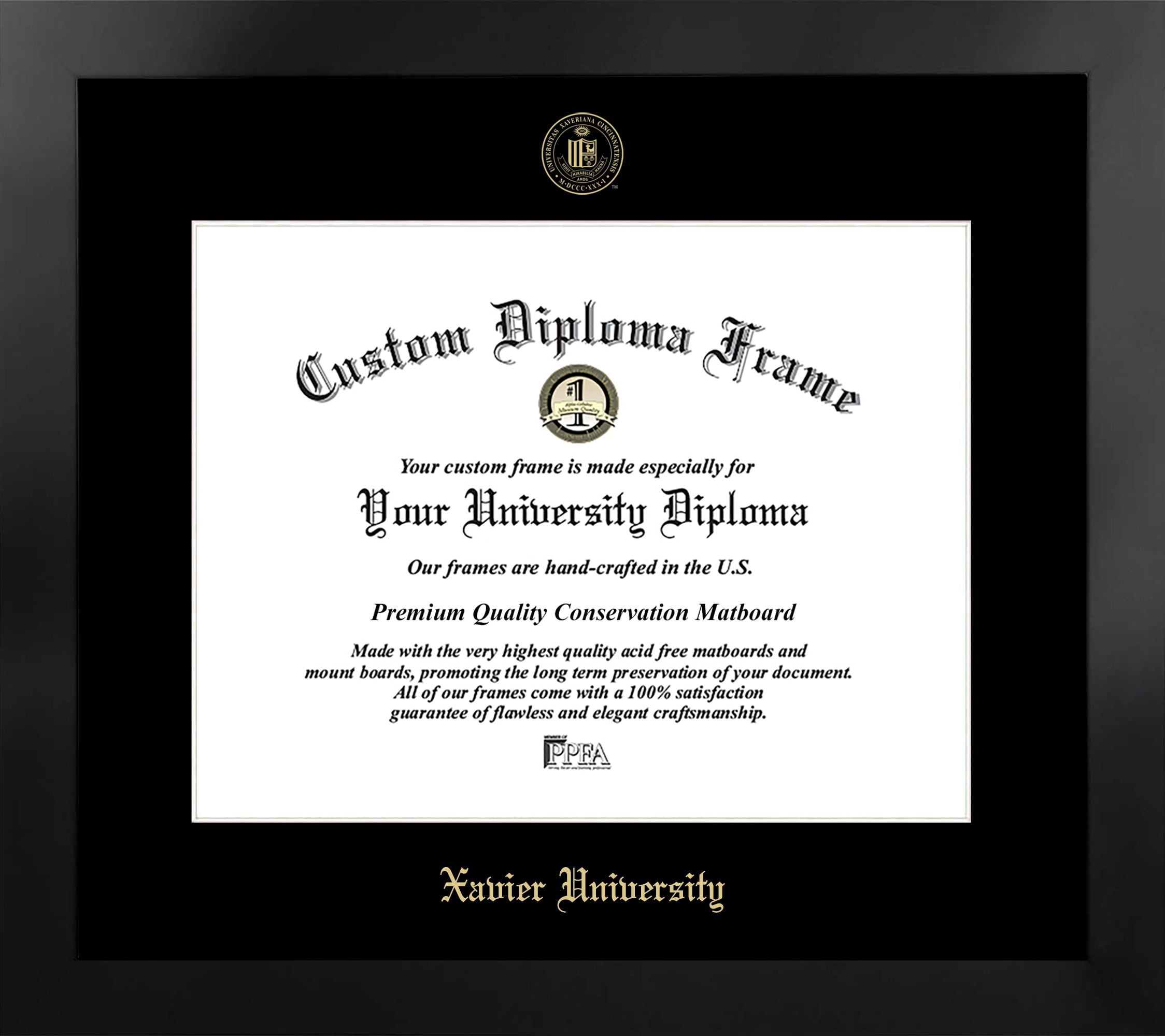 Xavier University 18w x 14h Manhattan Black Single Mat Gold Embossed Diploma Frame with Bonus Campus Images Lithograph (value savings at $59)