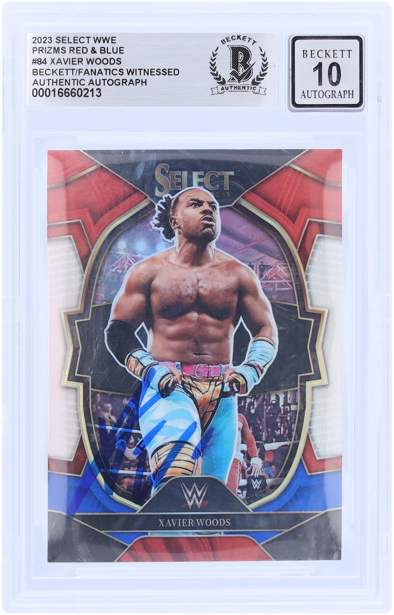 Xavier Woods WWE Autographed 2023 Panini Select Red & Blue Prizm #84 Beckett Fanatics Witnessed Authenticated 10 Card - Fanatics Authentic Certified