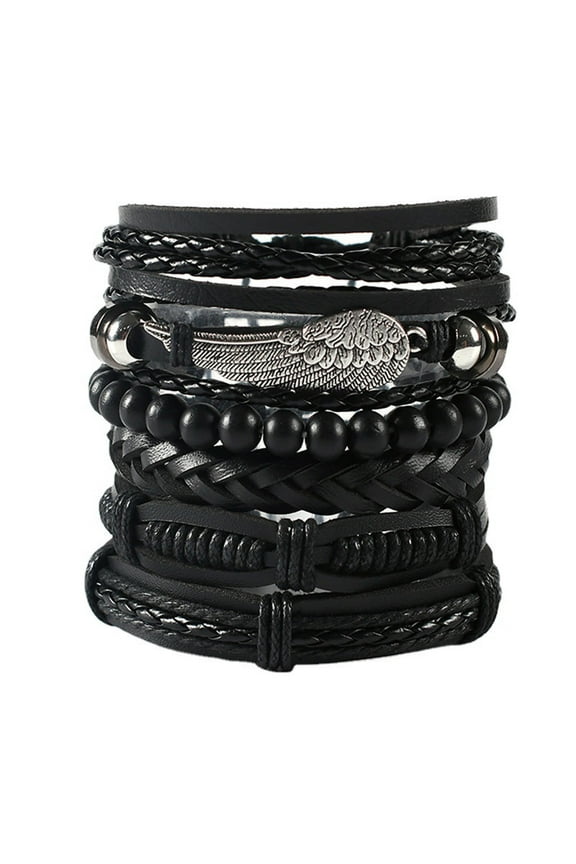 6 Pcs Mens Black Leather Bracelets Set for Men Stackable Braided Bracelet Tribal Punk Rock Handmade Wristband