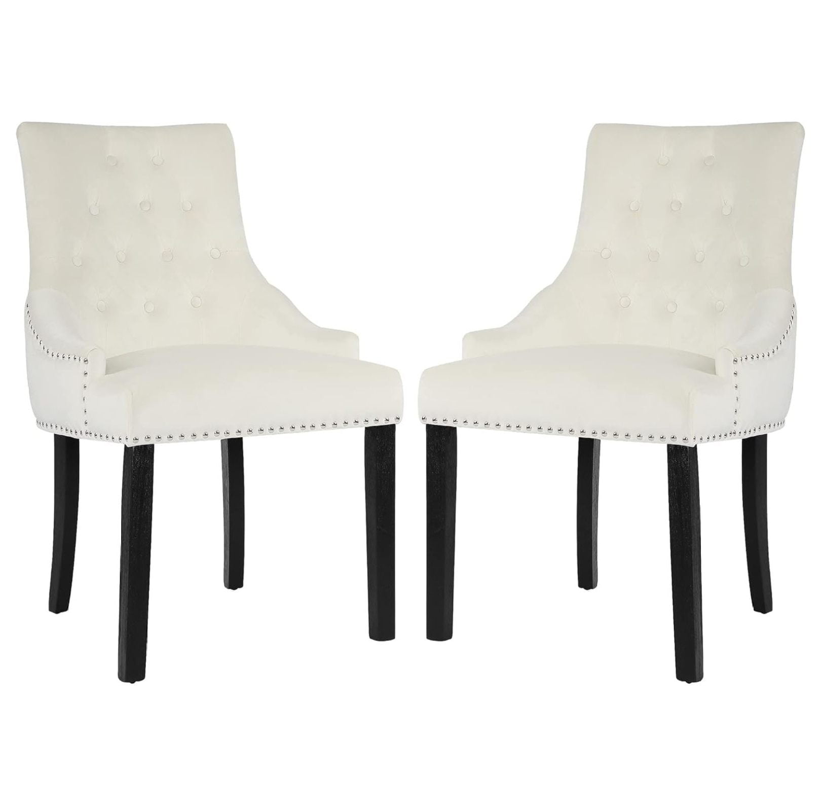 Beige Velvet Upholstered Dining Chairs with Wood Legs, Set of 2
