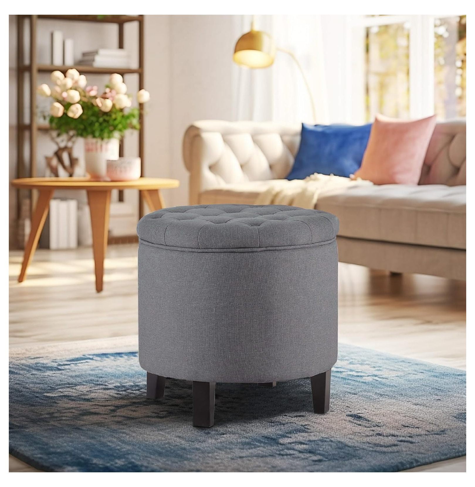 Xayoca Gray Nailhead Round Tufted Storage Ottoman Large Footrest Stool ...