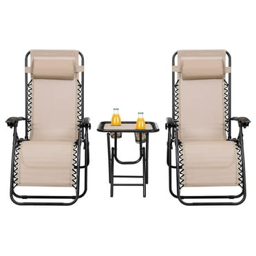 Xayoca Lounge Chairs Set with Coffee Table, Folding Reclining Chairs with Side Table and Pillow, 3 Pieces Adjustable Patio Lawn Recliner Set for Outdoor Garden Camp Travel