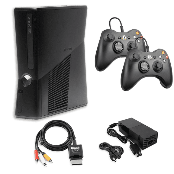 Restored Xbox 360 S 4GB Game Console with 2 Retrofam Black Controllers, Black