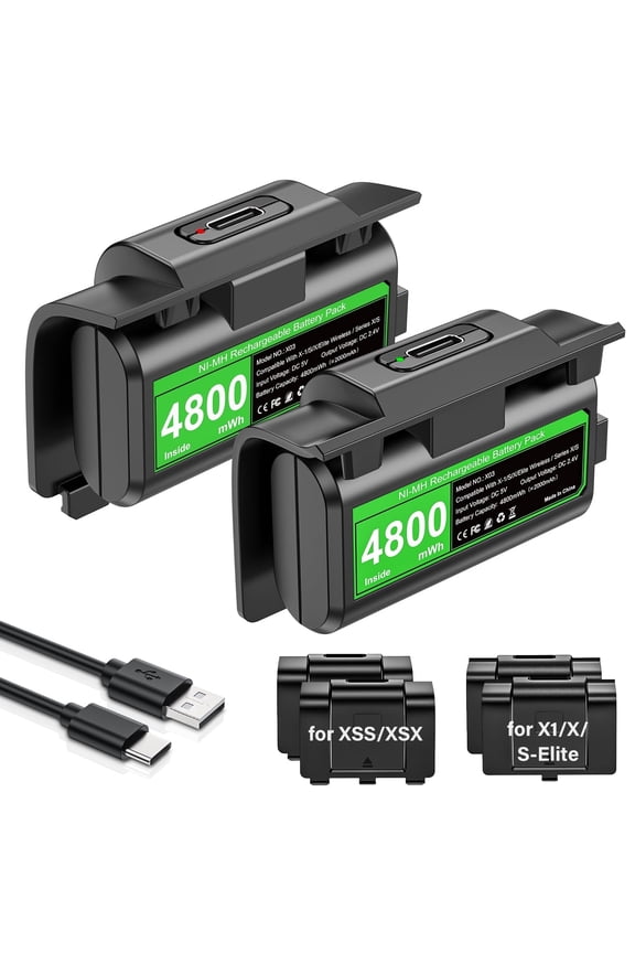 Rechargeable Xbox Controller Battery Pack – 2*4800mAh Long-Lasting Battery with 4 Back Covers, Compatible with Xbox one/Xbox One S/Xbox One X/Xbox One Elite/Xbox Series X|S Grips,Xbox Accessories