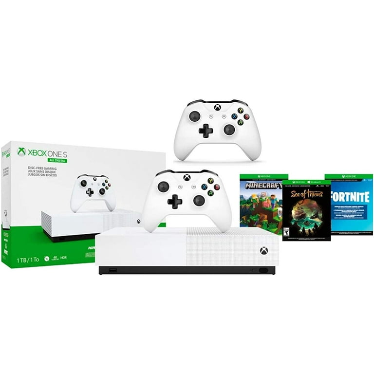 Xbox One S 1TB All-Digital Edition Two Controller Bundle, Xbox One S 1TB  Disc-Free Console, 2 Wireless Controllers, Download Codes for Minecraft,  Sea of Thieves and Fortnite Battle Royale 