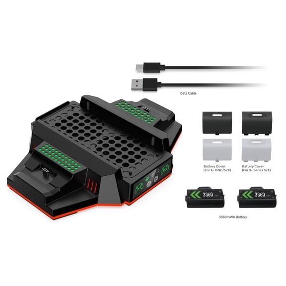 Xbox Series S (XSS) 3-in-1 Cooling Stand & Controller Charger - Console Base with Turbo Fan, Dual Dock + 2x 1200mAh Batteries & RGB Ambient Lights | Anti-Slip, USB-Powered for XSS Controllers