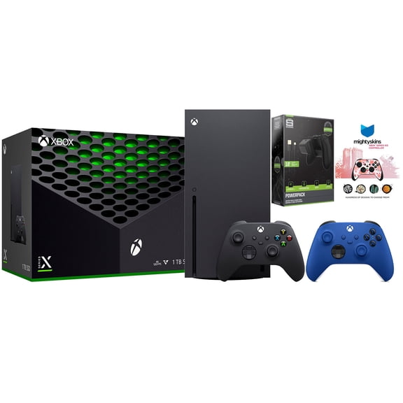 Xbox Series X 1TB Disc Console with Extra Controller, Battery Pack and MightySkins Code Bundle - Shock Blue