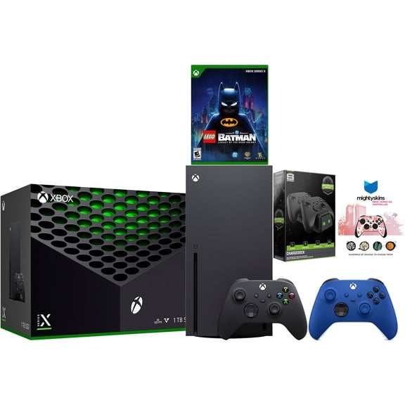 Xbox Series X 1TB Disc Console with Extra Controller, Charge Dock and MightySkins Code Bundle - Shock Blue
