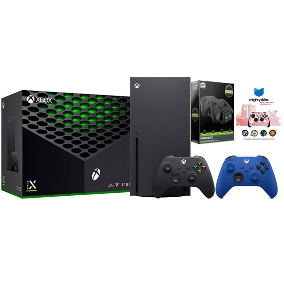 Xbox Series X 1TB Disc Console with Extra Controller, Charge Dock and MightySkins Code Bundle - Shock Blue