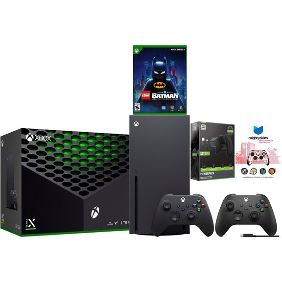 Xbox Series X 1TB Disc Console with LEGO Batman, Extra Controller, Battery Pack and MightySkins Code Bundle - Black + USB C Cable