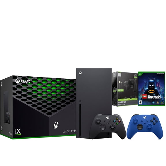 Xbox Series X 1TB Disc Console with LEGO Batman, Extra Controller and Battery Pack Bundle - Shock Blue