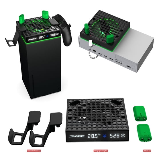 Xbox Series X/S 4-in-1 Cooling & Charging Hub - Console Fan Stand + Dual Controller Dock (with 2x 1200mAh Batteries) + 2 Headphone/Controller Hooks | Anti-Slip, USB-Powered for XSX/XSS Setups