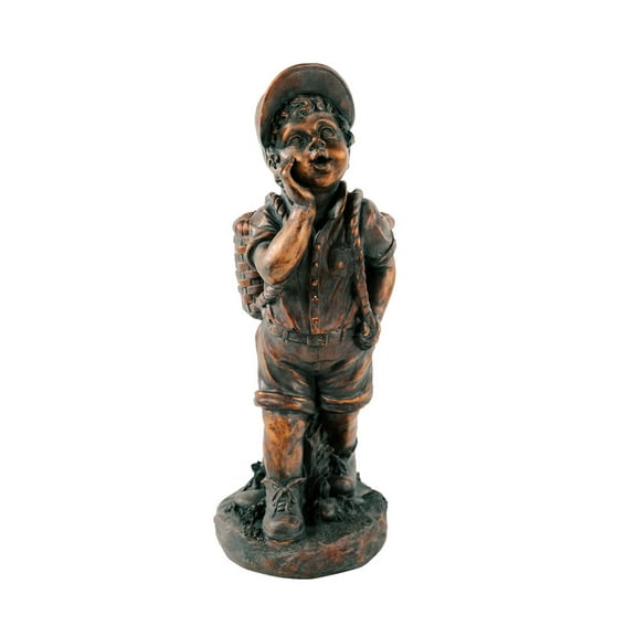 Xbrand 24" H Faux Bronze Magnesium Oxide Walking Boy Garden Statue w/Small Flower Plant Pot, Outdoor Décor, Natural Design Sculpture