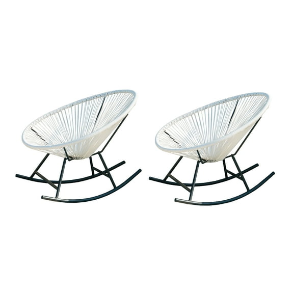 Xbrand 34.6" L Oval White and Black Rattan/Steel Indoor Outdoor Hammock Weave Rocking Chair (Set of 2), Lawn and Garden Lounge, Weather Resistant, Modern Patio Furniture