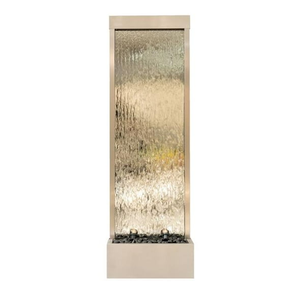 Xbrand ALLSTE1455SILCRE 68 in H Freestanding Modern Indoor/Outdoor Waterfall Fountain w/ Decorative Rocks, LED Lights & Auto-Shut Off Pump, Stainless Steel/Clear Glass, Silver