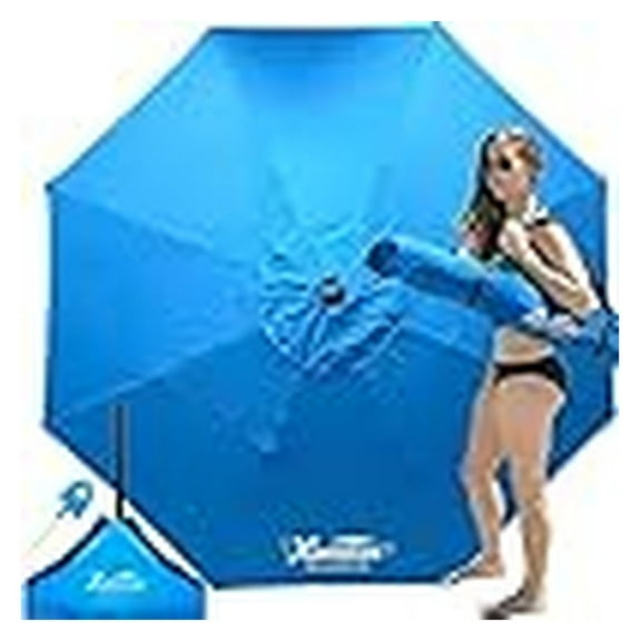 Xbrella - High Wind Beach Umbrella Windproof Sun Shade PATENTED Sand Anchor Base Large 7.5 Round Heavy Duty Best Long Lasting Acrylic Fabric Can Handle 40+ MPH Blue