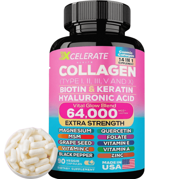 Xcelerate Health Vital Glow Collagen Peptides – Biotin & Keratin Beauty Blend, 90 Caps for Hair, Skin & Nail Support