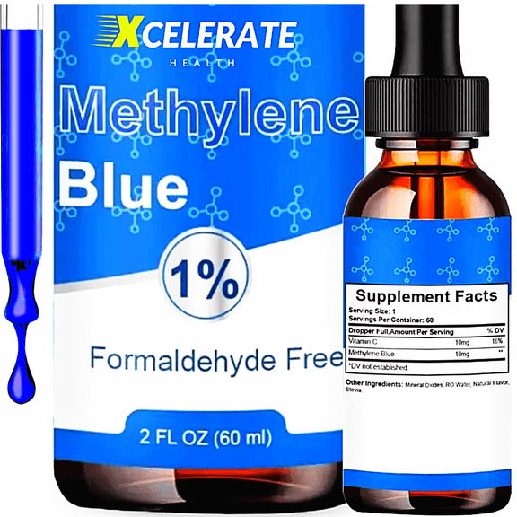 Xcelerate Health Methylene Blue + Vitamin C  10mg | Formaldehyde-Free, Pharmaceutical Grade | Liquid Dropper Supplement | 2 FL OZ | Lab-Tested, Vegan & Non-GMO