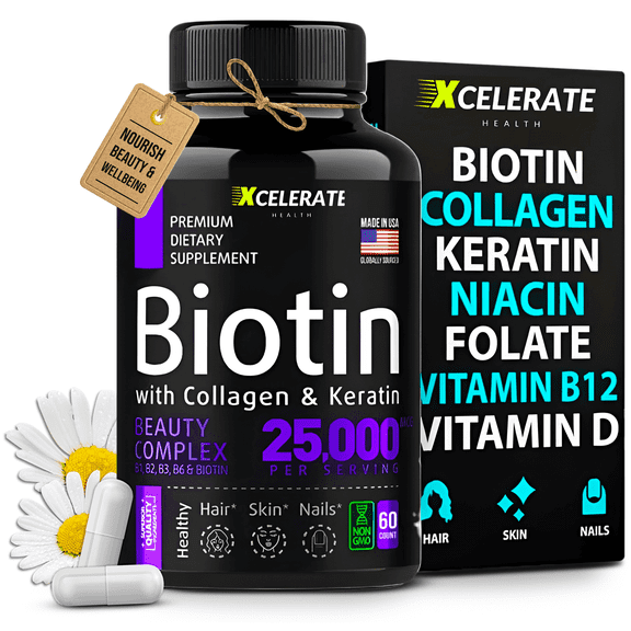Xcelerate Health Radiant Glow Complex Collagen Biotin Keratin Supplement, 60 Count