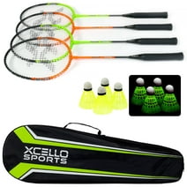 Xcello Global Sports Outdoor Backyard Badminton Game Set with LED Shuttlecocks - Includes 2 Orange Rackets, 2 Green Rackets, 4 Neon Yellow Shuttlecocks, 4 LED Shuttlecocks, and Carry Bag