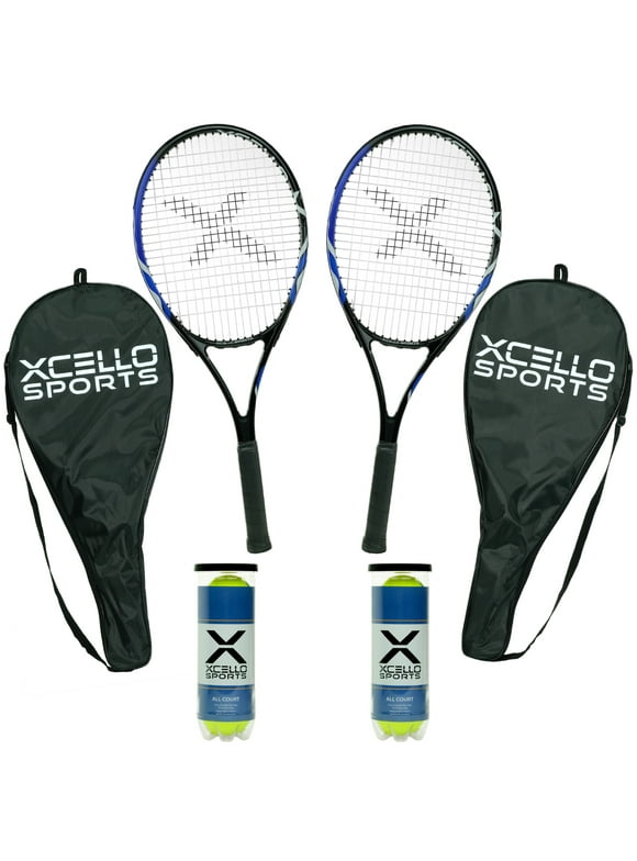 Xcello Sports 2-Player Aluminum Tennis Racket Set for Adult - Includes Two 23" Tennis Rackets, Six All Court Balls, and Two Carry Cases - Blue/Black