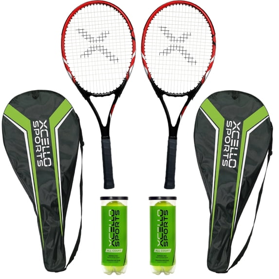 Xcello Sports 2-Player Aluminum Youth Tennis Racket Set, Includes Two 23'' Tennis Rackets, 6 All Court Balls and 2 Carry Cases, Tennis Racket Adult, Red/Black