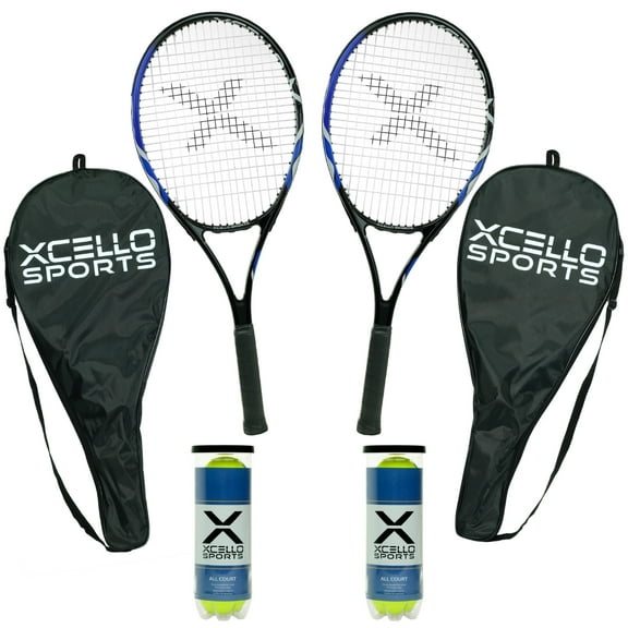 Xcello Sports 2-Player Aluminum Youth Tennis Racket Set, Includes Two 27" Tennis Rackets, 6 All Court Balls and 2 Carry Cases, Tennis Racket Adult, ‎Blue/Black