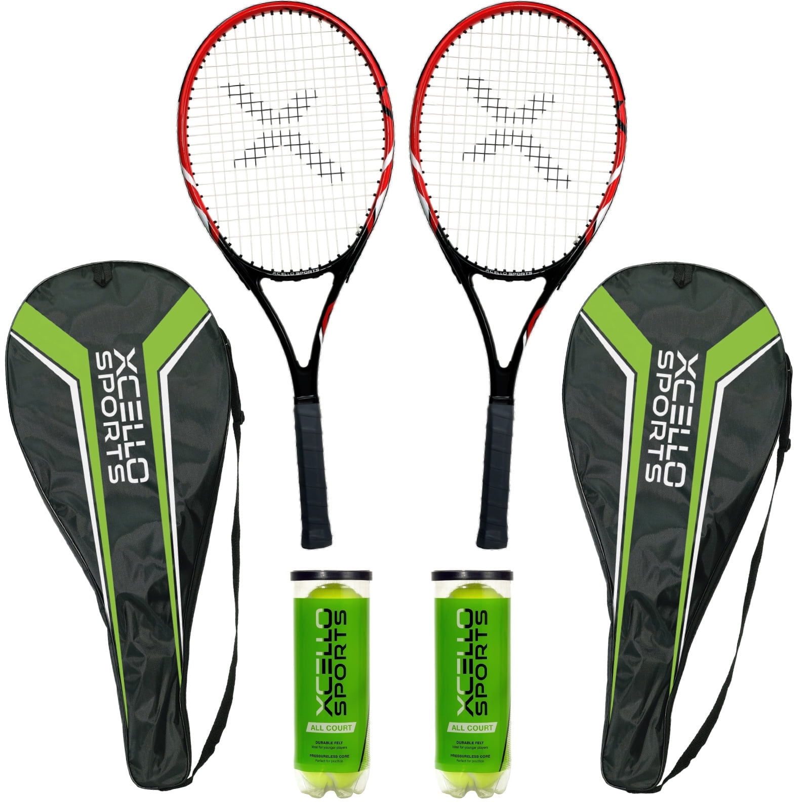 Xcello Sports 2-Player Aluminum Youth Tennis Racket Set, Includes Two 27" Tennis Rackets, 6 All Court Balls and 2 Carry Cases, Tennis Racket Adult, ‎Red/Black